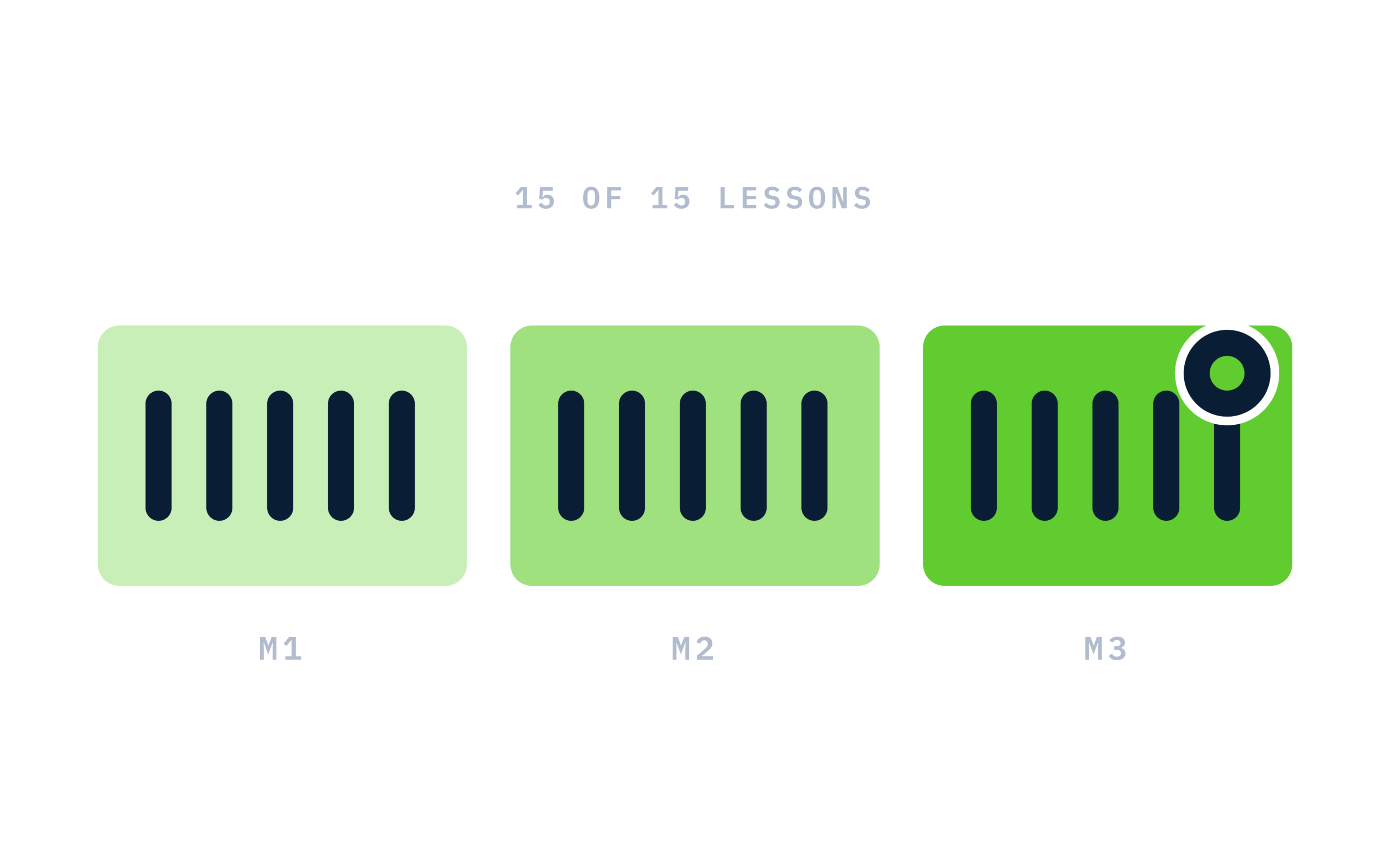 RiseCert illustration: Course structure: 3 modules of 5 lessons, 15 of 15 lit